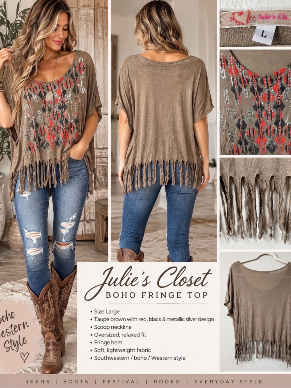 Julie’s Closet Women’s L Boho Western Fringe Top Southwestern Metallic Graphic